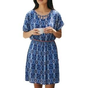 Cato Caged Back Belted Midi Blouson Dress Medium Blue Tan Cream Pattern